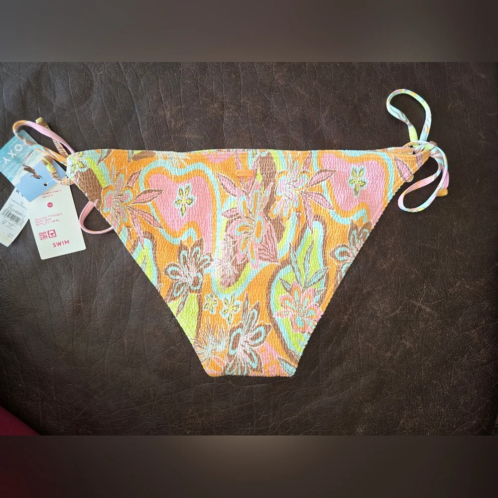 NWT ROXY Floradelic Smocked Side Tie Bikini Bottoms In Mock Orange Delic Size XL - Picture 7 of 7